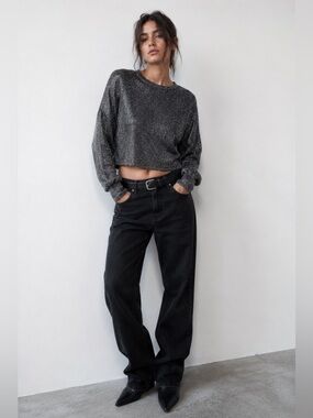H&M Silver Metallic Glitter Cropped Sweater Size S